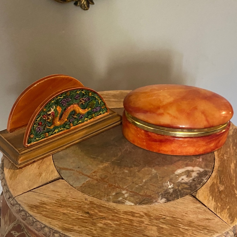 Vintage Bright Orange Italian Alabaster Oval Jewelry Box and Holder Set
